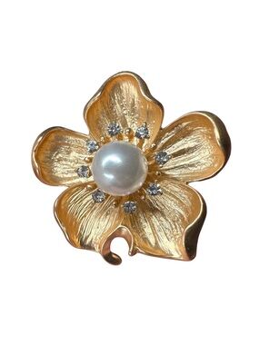 Gold Floral Pearl & Crystal Brooch - Women's Jewelry